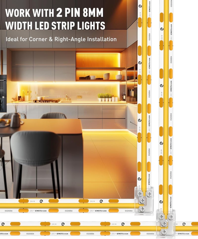 EMITEVER موصلات شريط LED 8 مم 12 قطعة، موصل زاوية LED على شكل T اتصال بدون فجوات موصلات شريط ضوء شفاف بدون لحام لشرائط LED 2-Pin COB/SMD 5V 12V 24V - Image 2